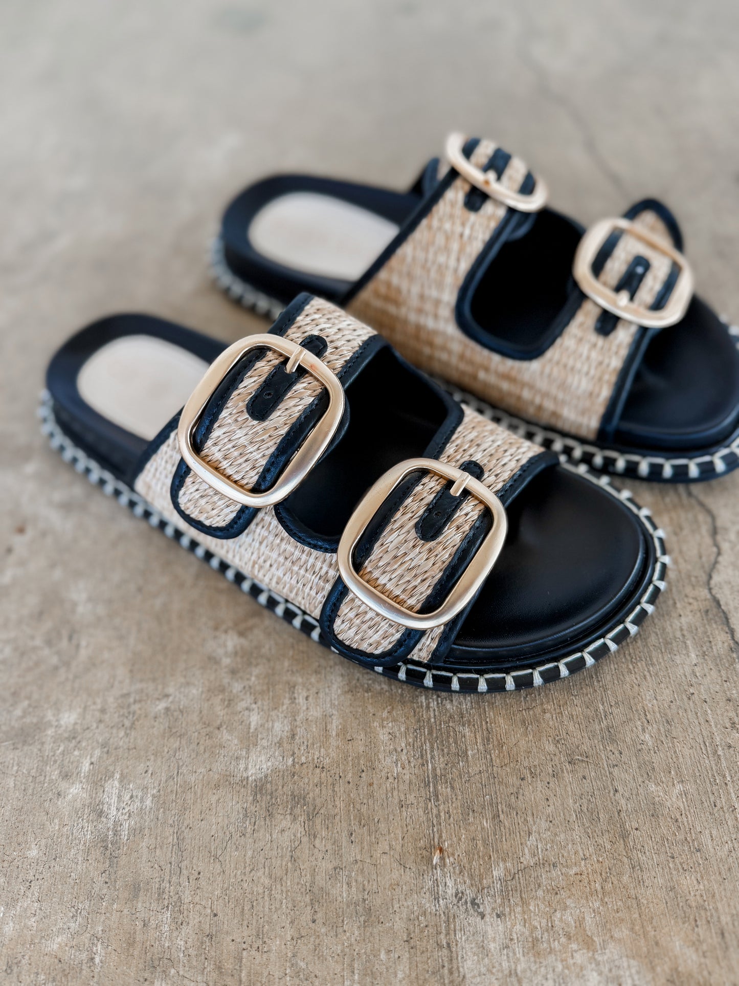 Two-Tone Raffia Gold Buckle Sandal
