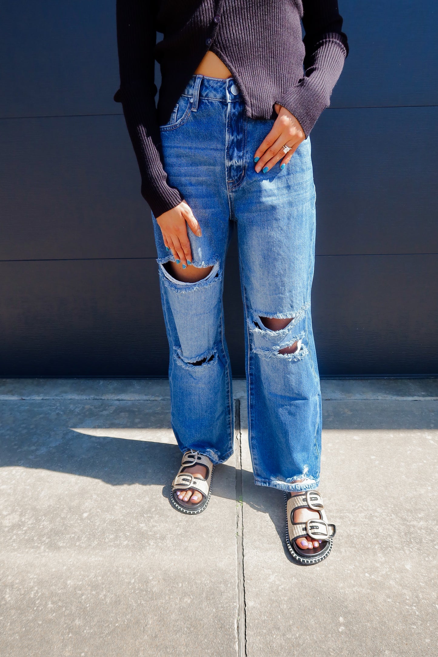High Rise Destructed Straight Jeans