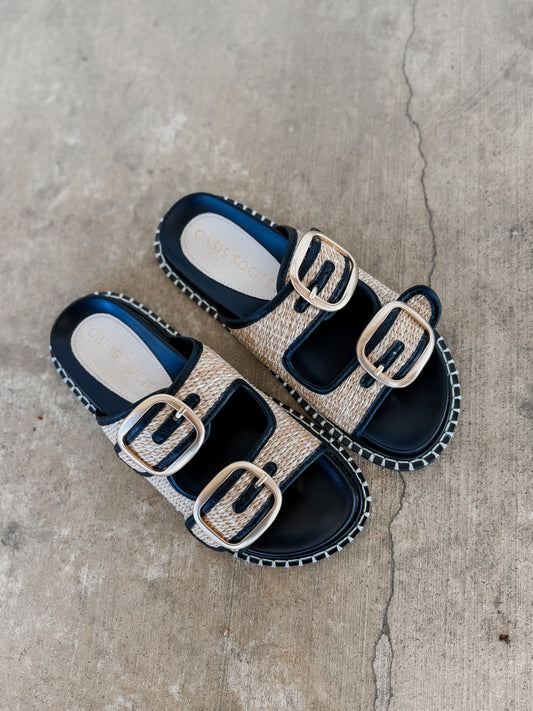 Two-Tone Raffia Gold Buckle Sandal